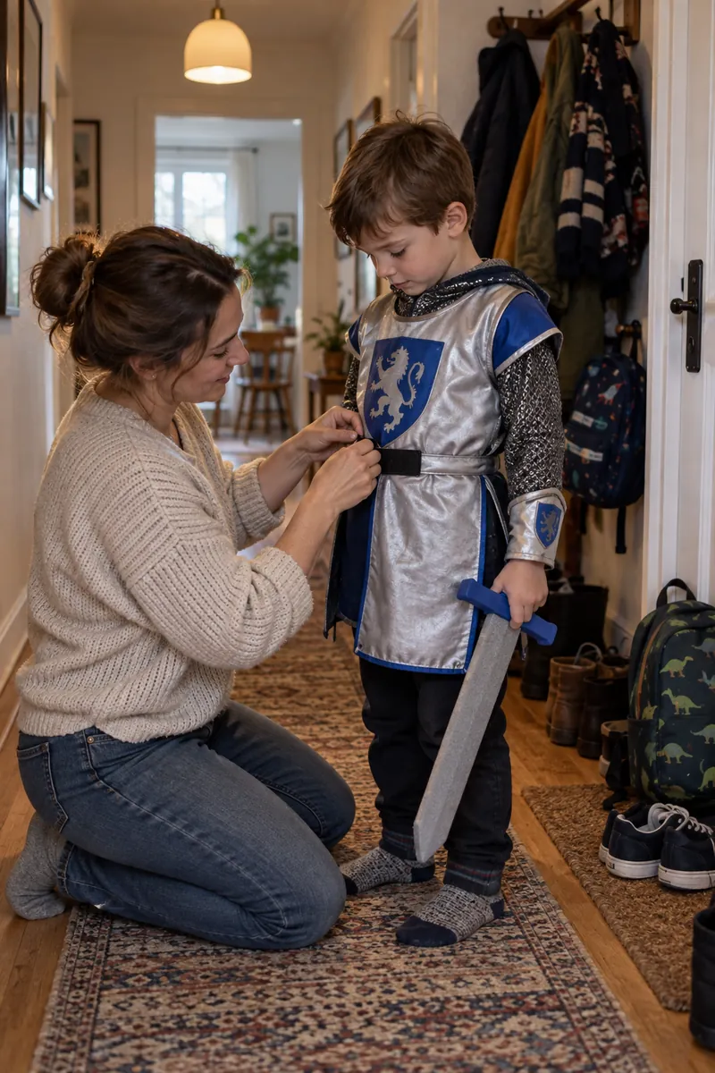 Mamma che allaccia il costume da cavaliere al figlio nel corridoio di casa