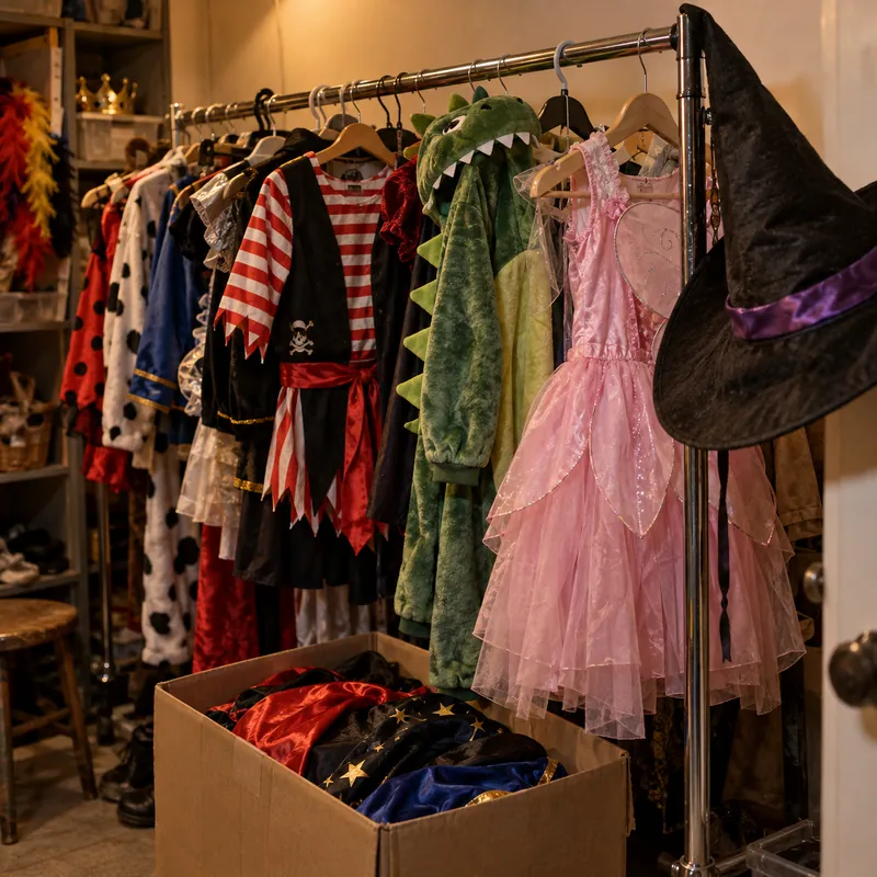 Costumi per bambini appesi a uno stender nel magazzino
