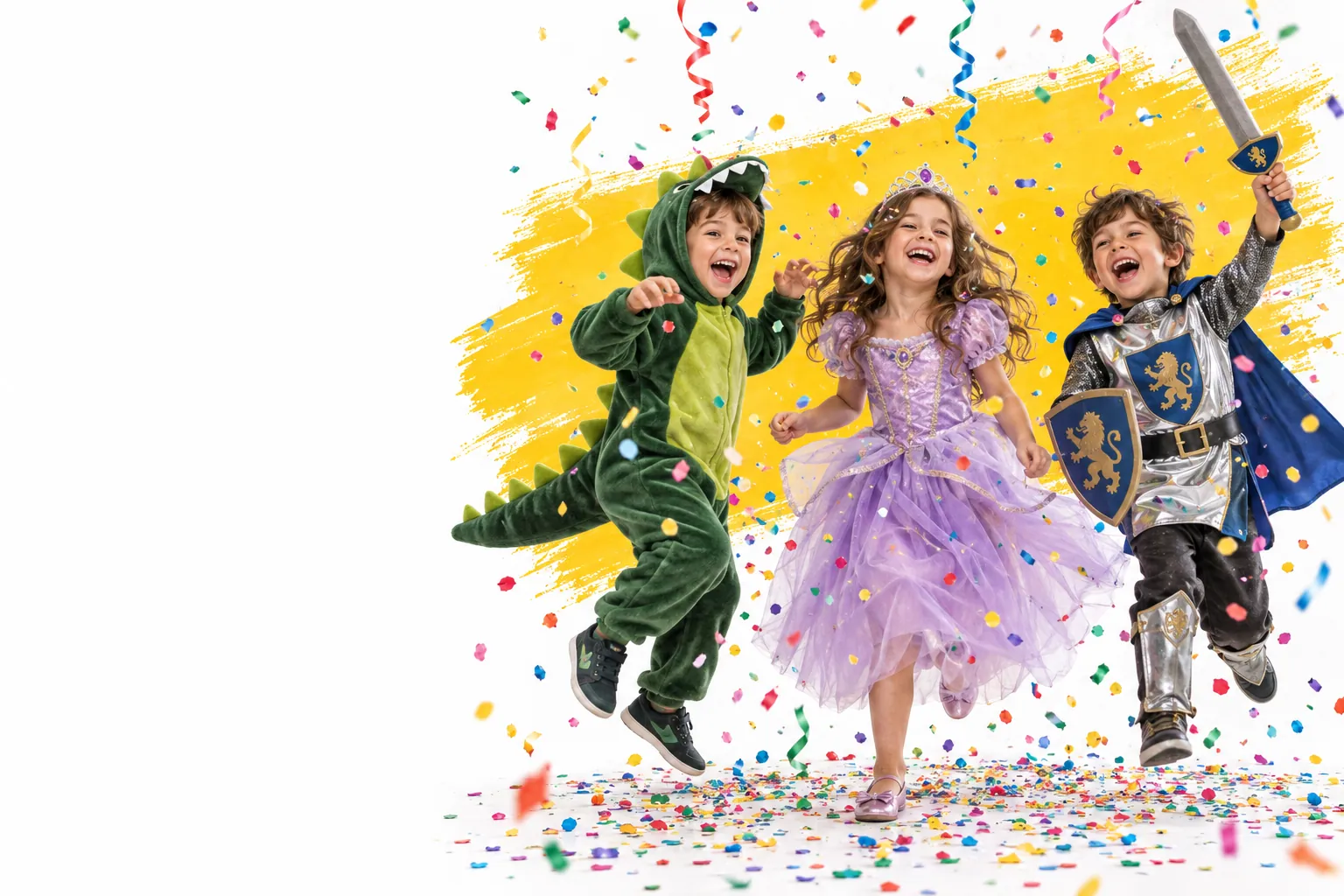 Tre bambini in costume da dinosauro, principessa e cavaliere che saltano tra i coriandoli