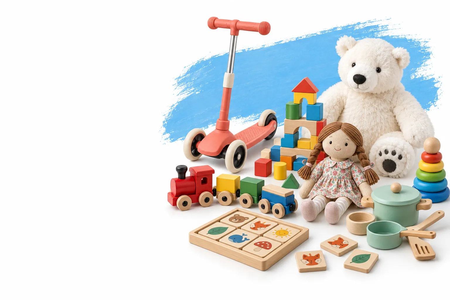 Trenino, monopattino, peluche, bambola, costruzioni e memory in legno