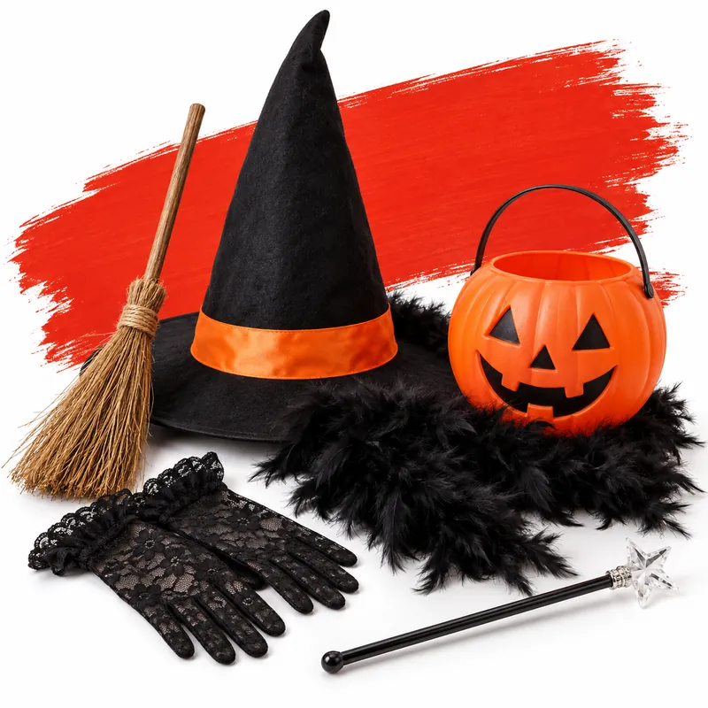 Cappello da strega, scopa, secchiello zucca, guanti e bacchetta