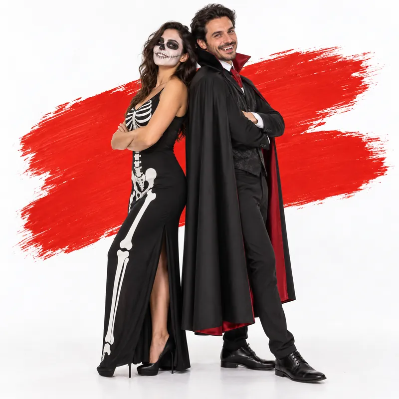 Coppia di adulti vestiti da scheletro e da vampiro