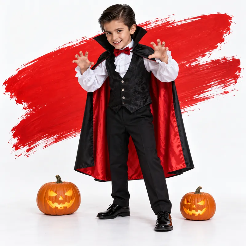 Bambino vestito da vampiro con mantello rosso e nero