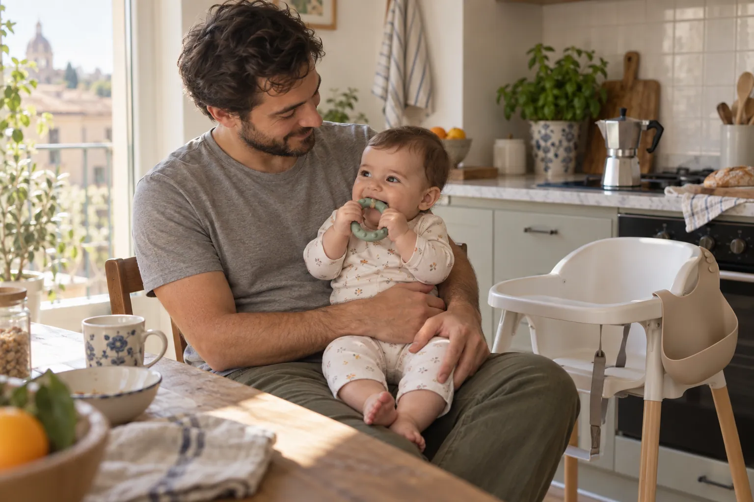 Papà con il figlio piccolo in braccio in cucina accanto al seggiolone