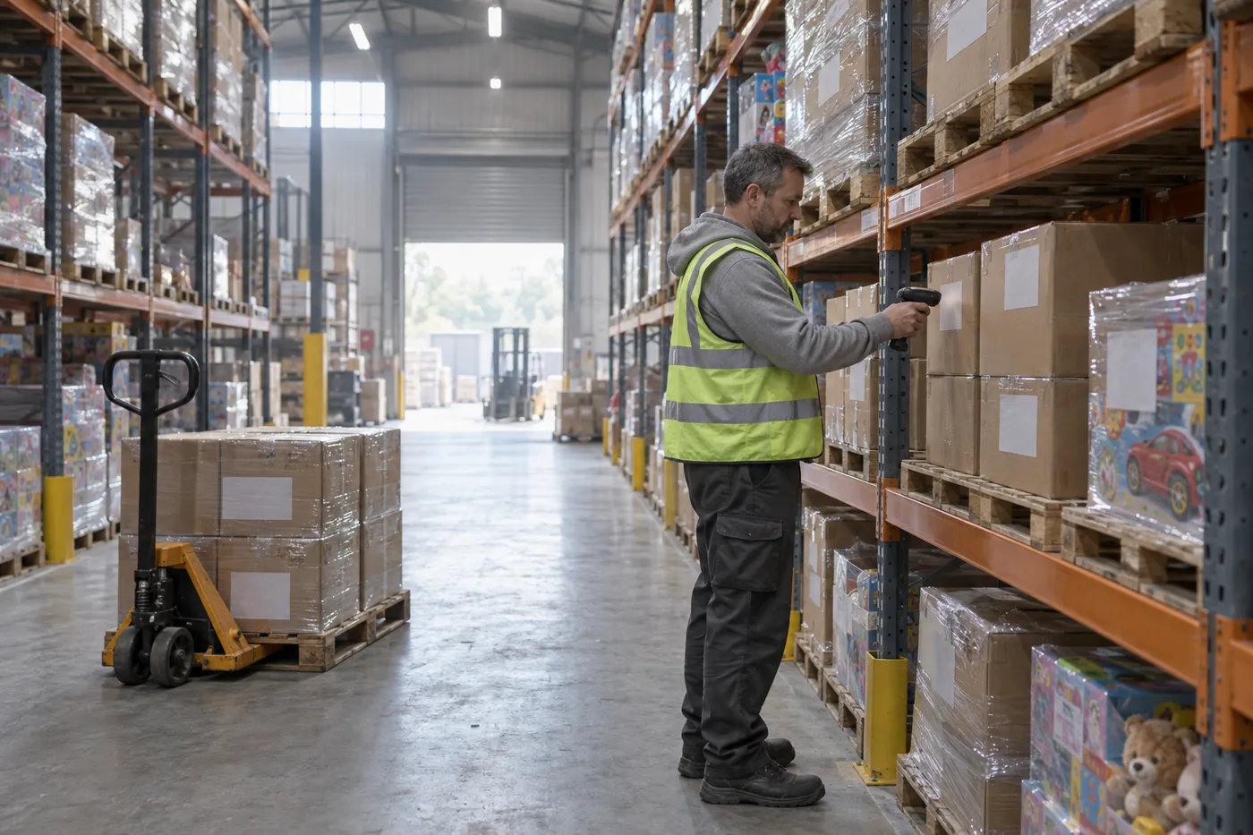 Magazzino con scaffalature di pallet e cartoni