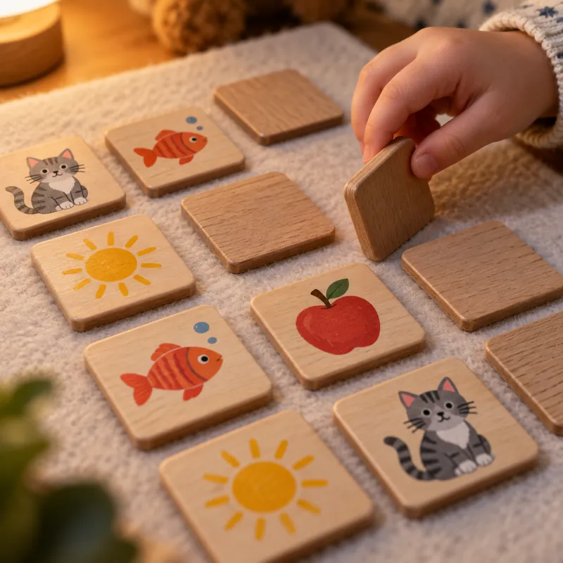 Bambino che gira una tessera del memory in legno