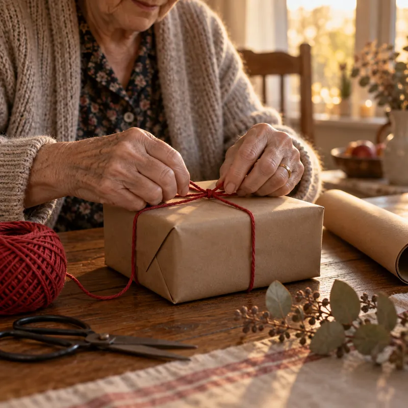 Mani che incartano un regalo con carta kraft e spago rosso