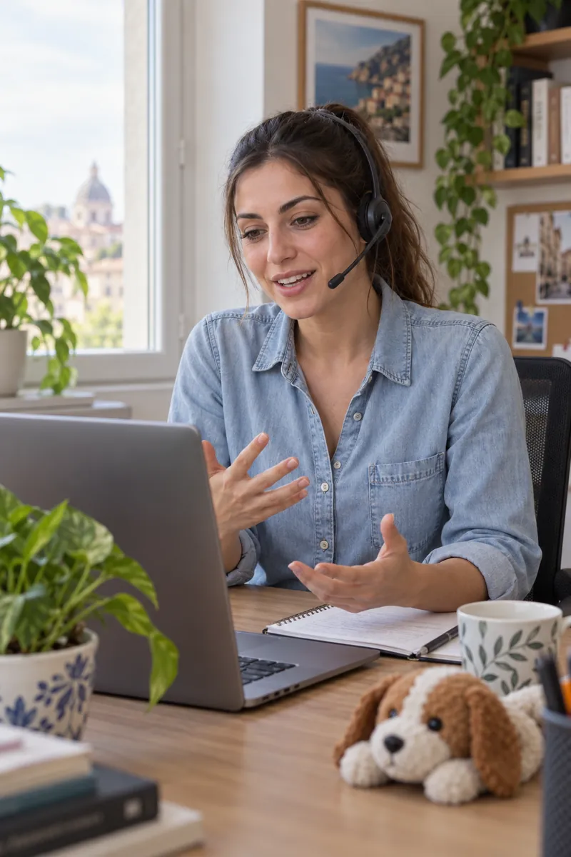 Elisa Montanari al telefono con un cliente